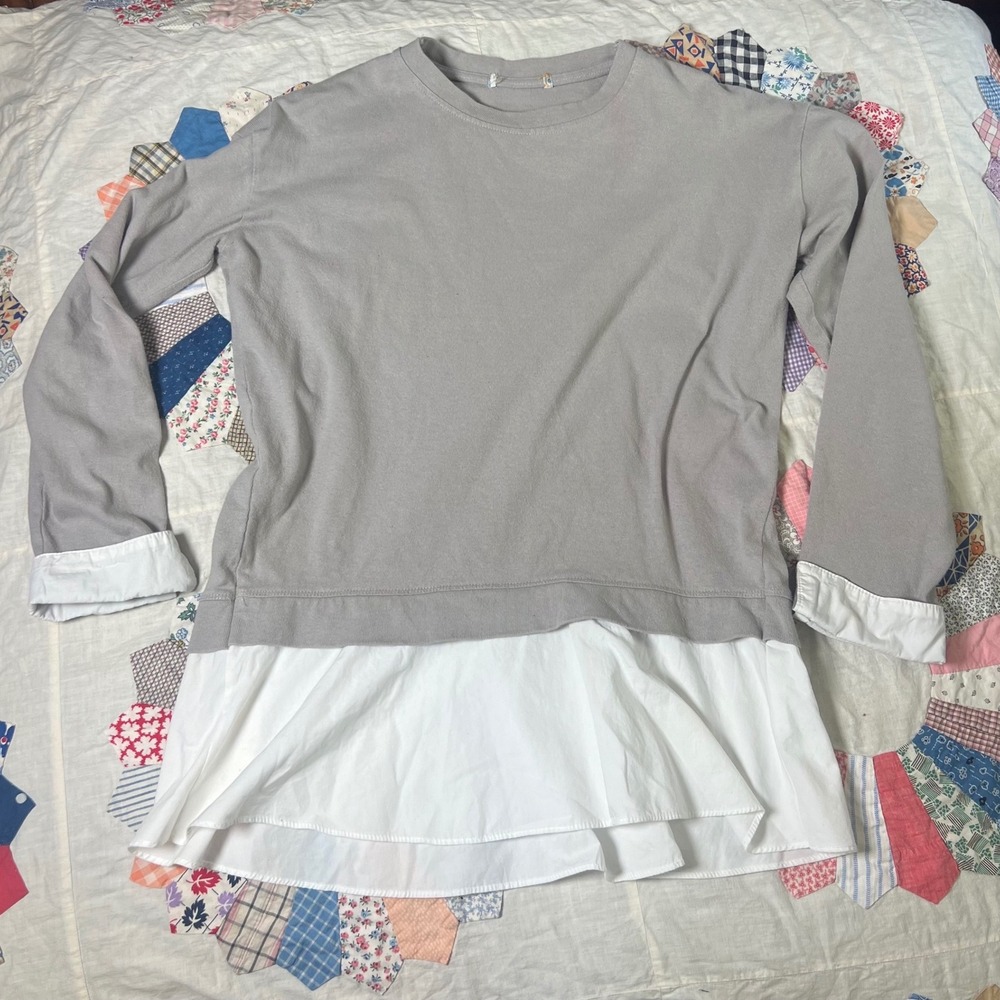 ANTHRO‎ ERI & ALI Gray White Mixed Media Layered Sweatshirt Peplum Top Women
